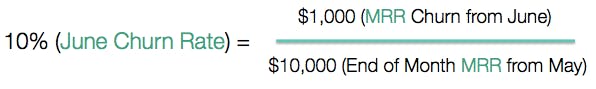 June churn rate = $1,000 (Mrr churn from june)/ $10,000 (End of month MRR from May) = 10%