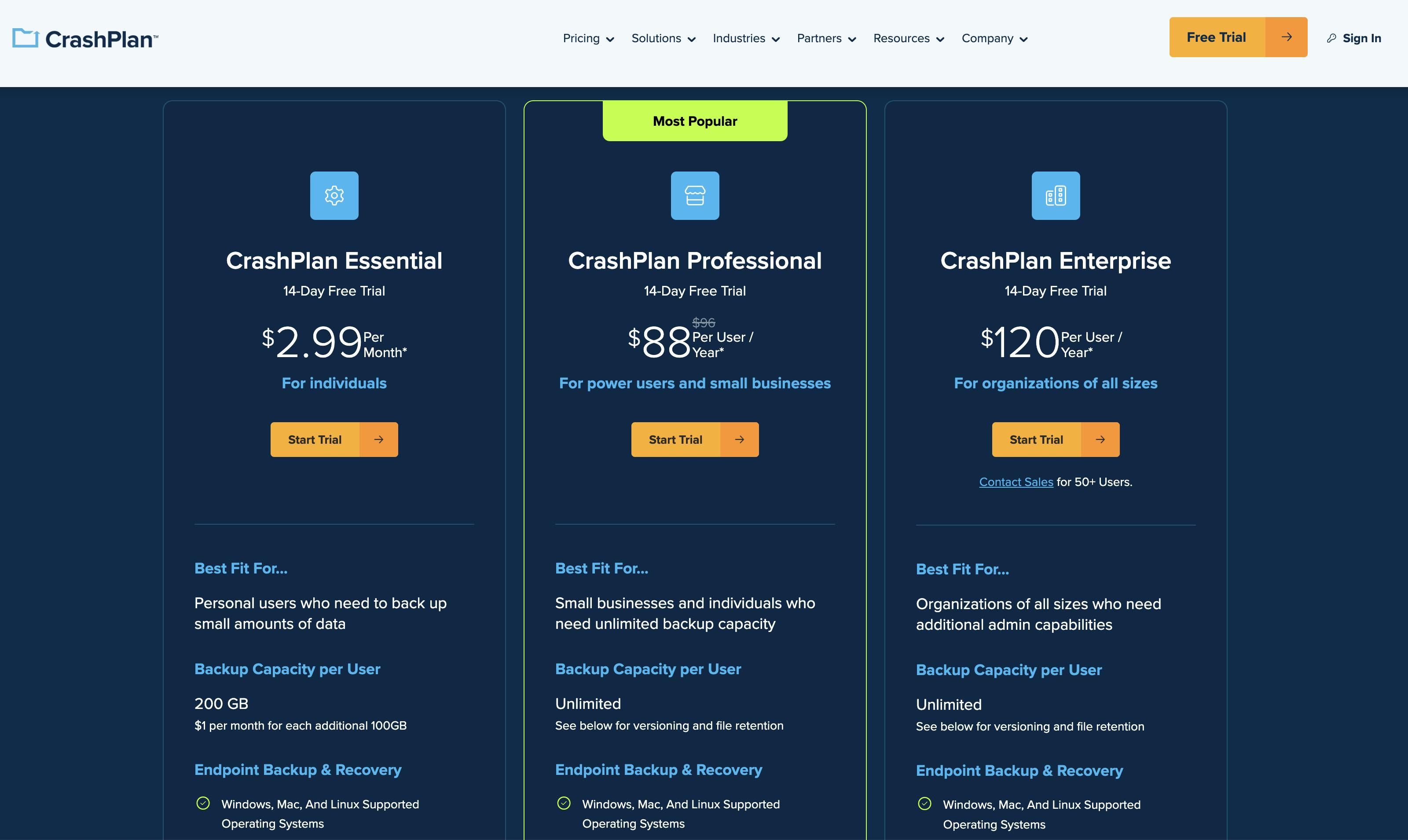 CrashPlan Pricing plans